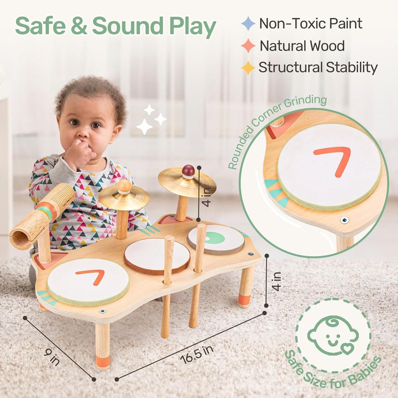 wingyz Store Kids Drum Set for Toddlers, All-in-One Montessori Musical Instruments - Wooden Music Toys for Baby, Neutral Colors, Sensory Preschool Drum Kit, Birthday Gifts for Boys Girls - Image 3